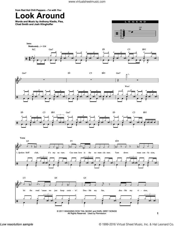 Look Around sheet music for drums by Red Hot Chili Peppers, Anthony Kiedis, Chad Smith, Flea and Josh Klinghoffer, intermediate skill level