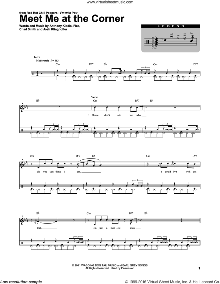 Meet Me At The Corner sheet music for drums by Red Hot Chili Peppers, Anthony Kiedis, Chad Smith, Flea and Josh Klinghoffer, intermediate skill level