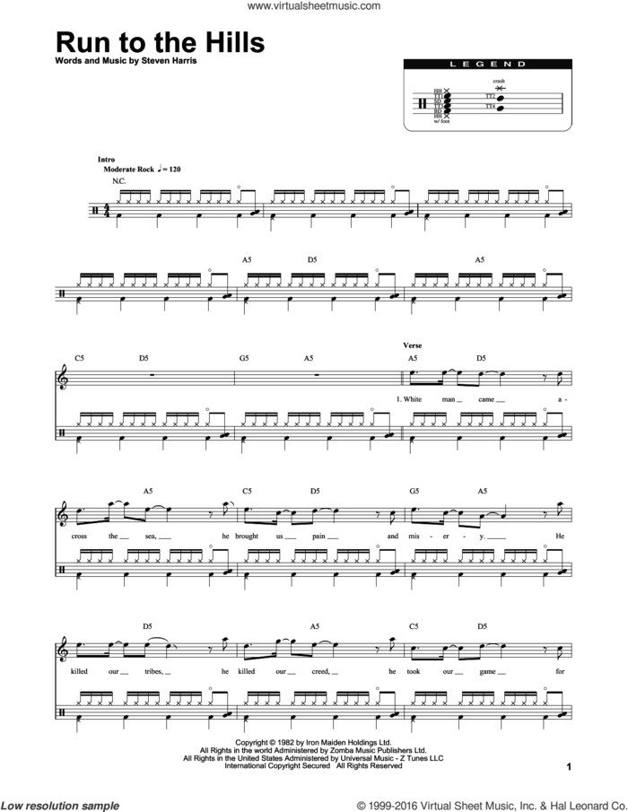 Run To The Hills sheet music for drums by Iron Maiden and Steve Harris, intermediate skill level