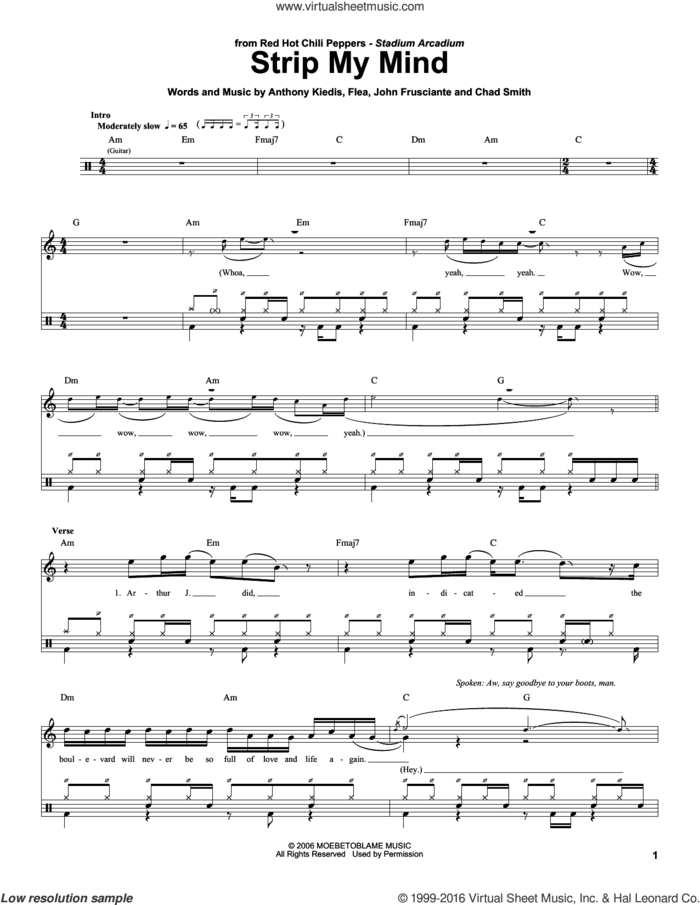 Strip My Mind sheet music for drums by Red Hot Chili Peppers, Anthony Kiedis, Chad Smith, Flea and John Frusciante, intermediate skill level