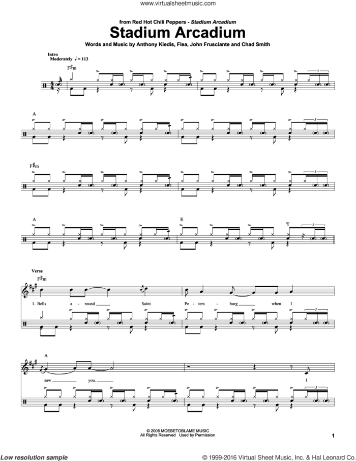 Stadium Arcadium sheet music for drums by Red Hot Chili Peppers, Anthony Kiedis, Chad Smith, Flea and John Frusciante, intermediate skill level