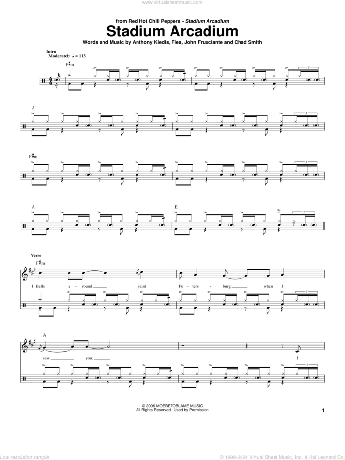 Stadium Arcadium sheet music for drums by Red Hot Chili Peppers, Anthony Kiedis, Chad Smith, Flea and John Frusciante, intermediate skill level