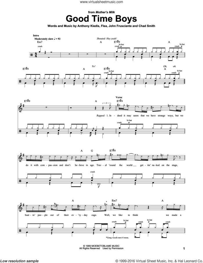 Good Time Boys sheet music for drums by Red Hot Chili Peppers, Anthony Kiedis, Chad Smith, Flea and John Frusciante, intermediate skill level