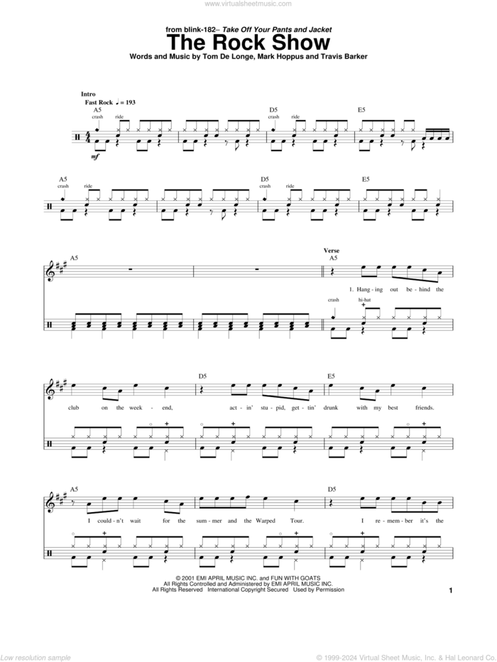 The Rock Show sheet music for drums by Blink 182, Mark Hoppus, Tom DeLonge and Travis Barker, intermediate skill level