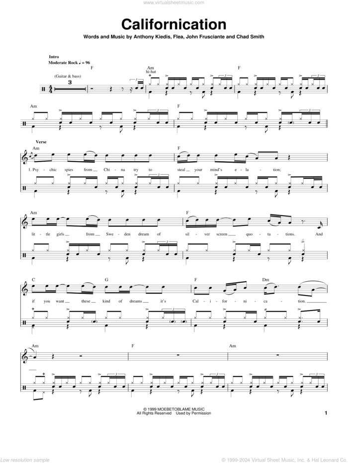 Californication sheet music for drums by Red Hot Chili Peppers, Anthony Kiedis, Chad Smith, Flea and John Frusciante, intermediate skill level