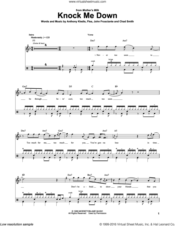 Knock Me Down sheet music for drums by Red Hot Chili Peppers, Anthony Kiedis, Chad Smith, Flea and John Frusciante, intermediate skill level