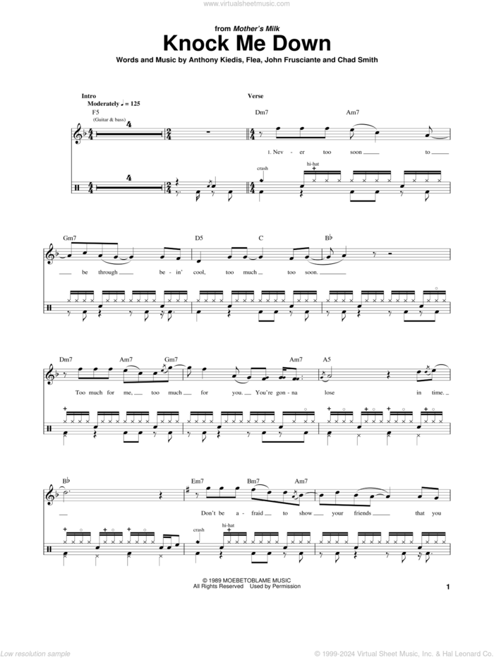 Knock Me Down sheet music for drums by Red Hot Chili Peppers, Anthony Kiedis, Chad Smith, Flea and John Frusciante, intermediate skill level