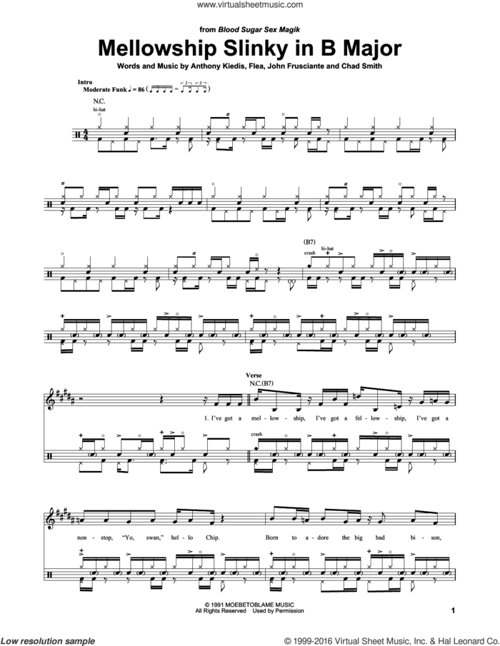 Mellowship Slinky In B Major sheet music for drums by Red Hot Chili Peppers, Anthony Kiedis, Chad Smith, Flea and John Frusciante, intermediate skill level