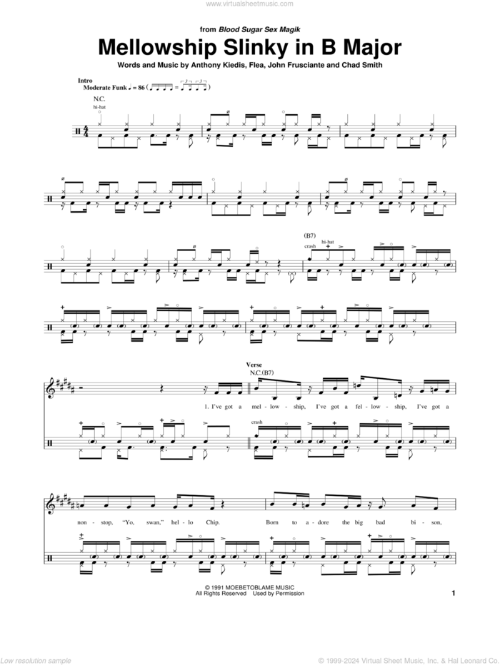 Mellowship Slinky In B Major sheet music for drums by Red Hot Chili Peppers, Anthony Kiedis, Chad Smith, Flea and John Frusciante, intermediate skill level