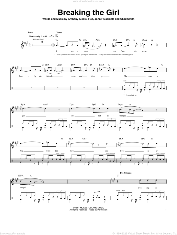 Breaking The Girl sheet music for drums by Red Hot Chili Peppers, Anthony Kiedis, Chad Smith, Flea and John Frusciante, intermediate skill level