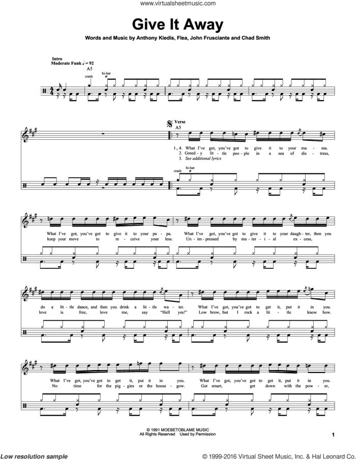 Give It Away sheet music for drums by Red Hot Chili Peppers, Anthony Kiedis, Chad Smith, Flea and John Frusciante, intermediate skill level