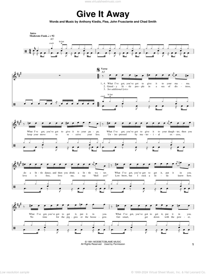 Give It Away sheet music for drums by Red Hot Chili Peppers, Anthony Kiedis, Chad Smith, Flea and John Frusciante, intermediate skill level