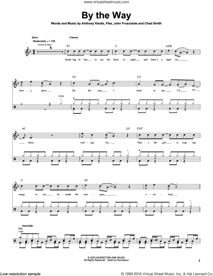By The Way sheet music for drums by Red Hot Chili Peppers, Anthony Kiedis, Chad Smith, Flea and John Frusciante, intermediate skill level