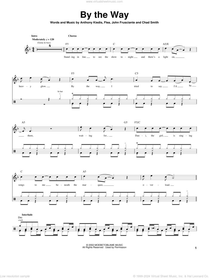 By The Way sheet music for drums by Red Hot Chili Peppers, Anthony Kiedis, Chad Smith, Flea and John Frusciante, intermediate skill level