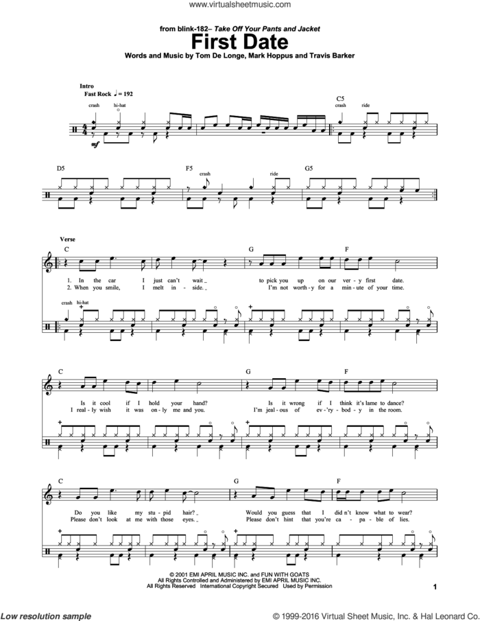 First Date sheet music for drums by Blink 182, Mark Hoppus, Tom DeLonge and Travis Barker, intermediate skill level