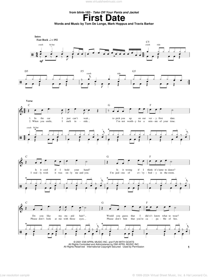 First Date sheet music for drums by Blink 182, Mark Hoppus, Tom DeLonge and Travis Barker, intermediate skill level