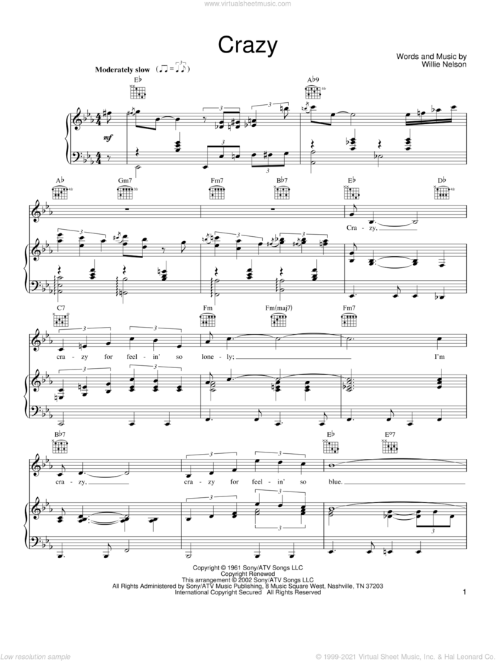 Crazy sheet music for voice, piano or guitar by Willie Nelson and Patsy Cline, intermediate skill level