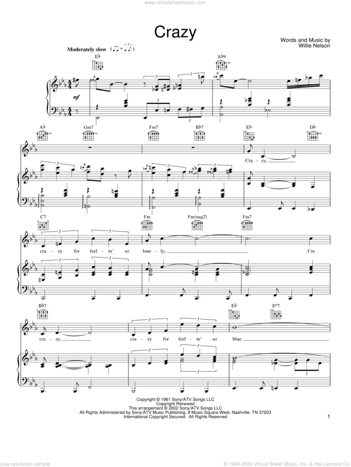 Crazy sheet music for voice, piano or guitar by Willie Nelson and Patsy Cline, intermediate skill level