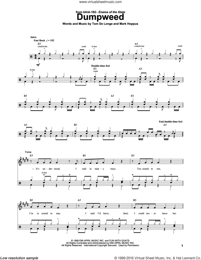 Dumpweed sheet music for drums by Blink 182, Mark Hoppus and Tom DeLonge, intermediate skill level