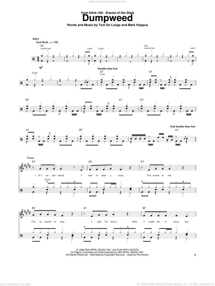 Dumpweed sheet music for drums by Blink 182, Mark Hoppus and Tom DeLonge, intermediate skill level