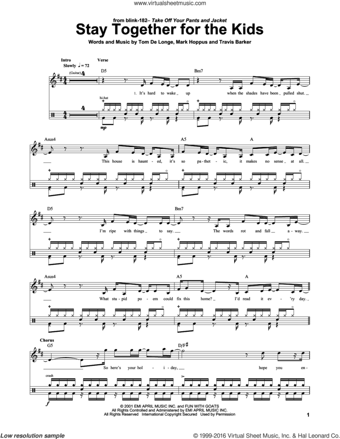 Stay Together For The Kids sheet music for drums by Blink 182, Mark Hoppus, Tom DeLonge and Travis Barker, intermediate skill level