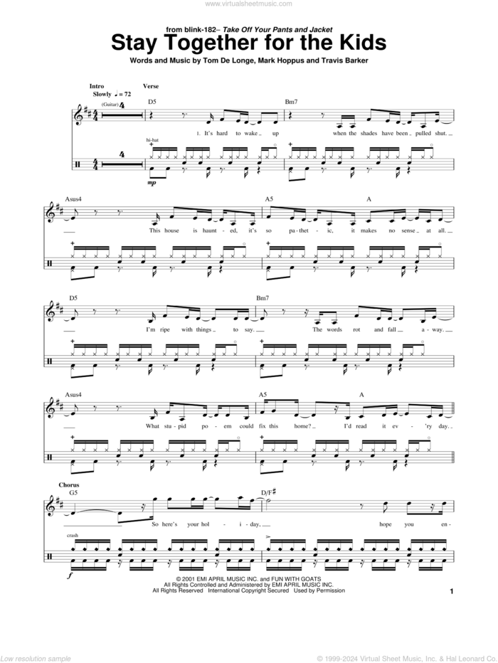 Stay Together For The Kids sheet music for drums by Blink 182, Mark Hoppus, Tom DeLonge and Travis Barker, intermediate skill level