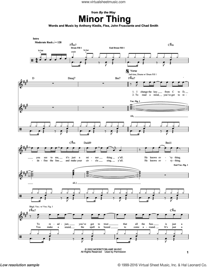 Minor Thing sheet music for drums by Red Hot Chili Peppers, Anthony Kiedis, Chad Smith, Flea and John Frusciante, intermediate skill level