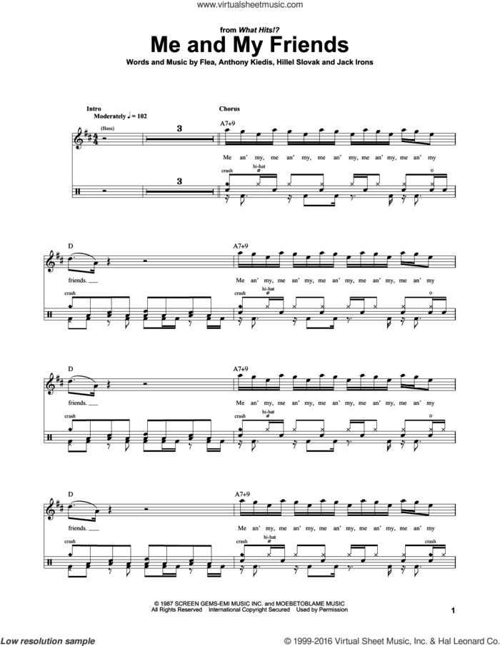 Me And My Friends sheet music for drums by Red Hot Chili Peppers, Anthony Kiedis, Flea, Hillel Slovak and Jack Irons, intermediate skill level