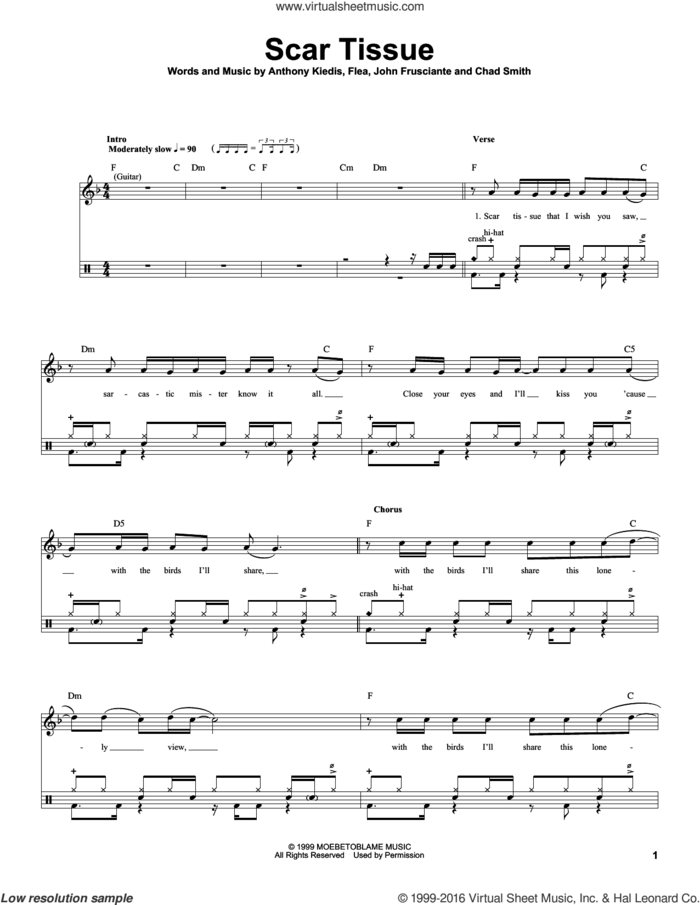 Scar Tissue sheet music for drums by Red Hot Chili Peppers, Anthony Kiedis, Chad Smith, Flea and John Frusciante, intermediate skill level