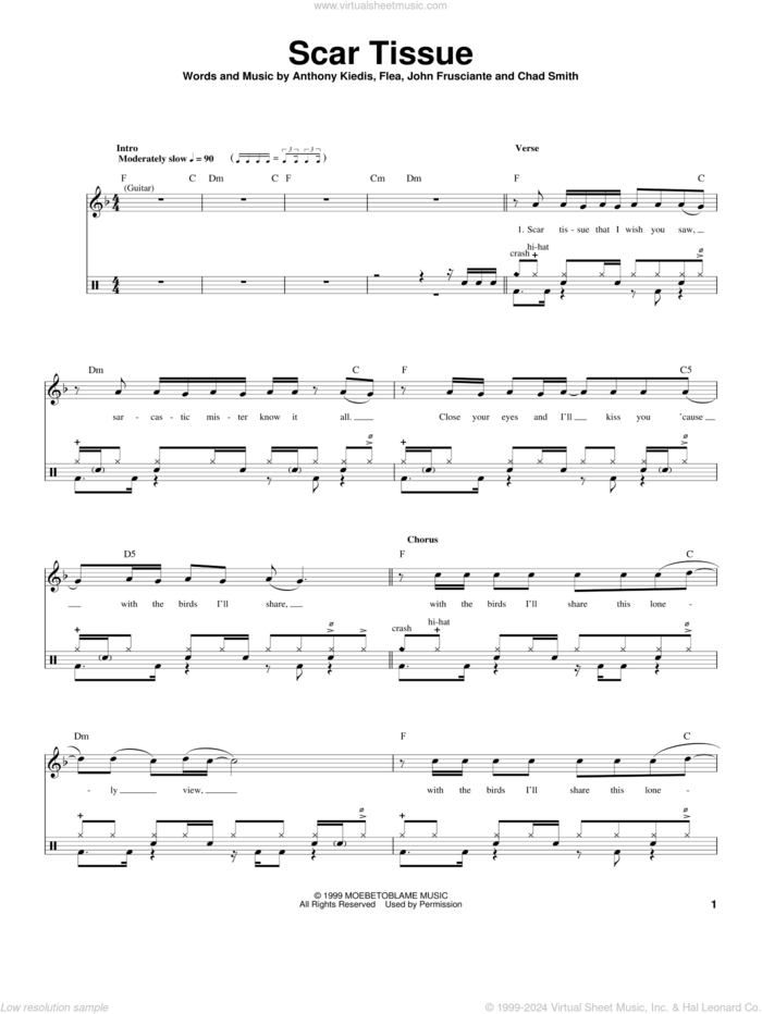 Scar Tissue sheet music for drums by Red Hot Chili Peppers, Anthony Kiedis, Chad Smith, Flea and John Frusciante, intermediate skill level