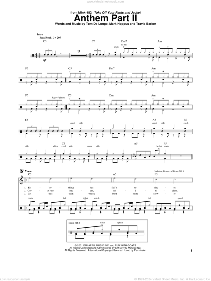 Anthem Part II sheet music for drums by Blink 182, Mark Hoppus, Tom DeLonge and Travis Barker, intermediate skill level