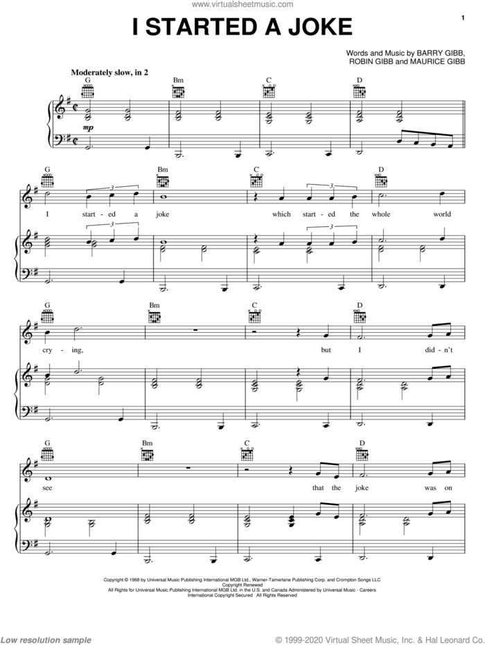 I Started A Joke sheet music for voice, piano or guitar by Bee Gees, Barry Gibb, Maurice Gibb and Robin Gibb, intermediate skill level