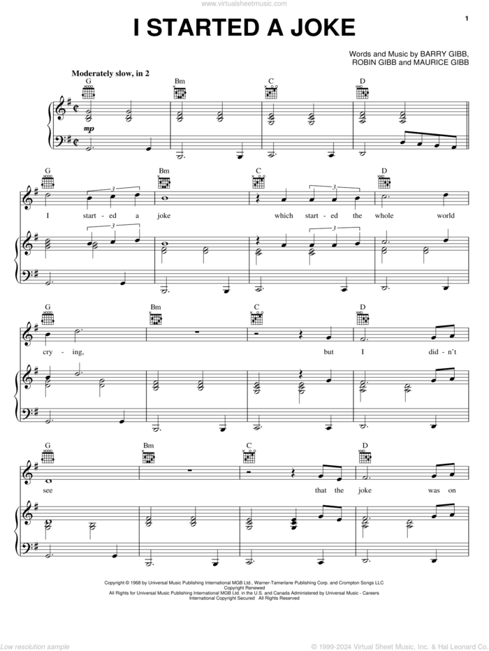 I Started A Joke sheet music for voice, piano or guitar by Bee Gees, Barry Gibb, Maurice Gibb and Robin Gibb, intermediate skill level