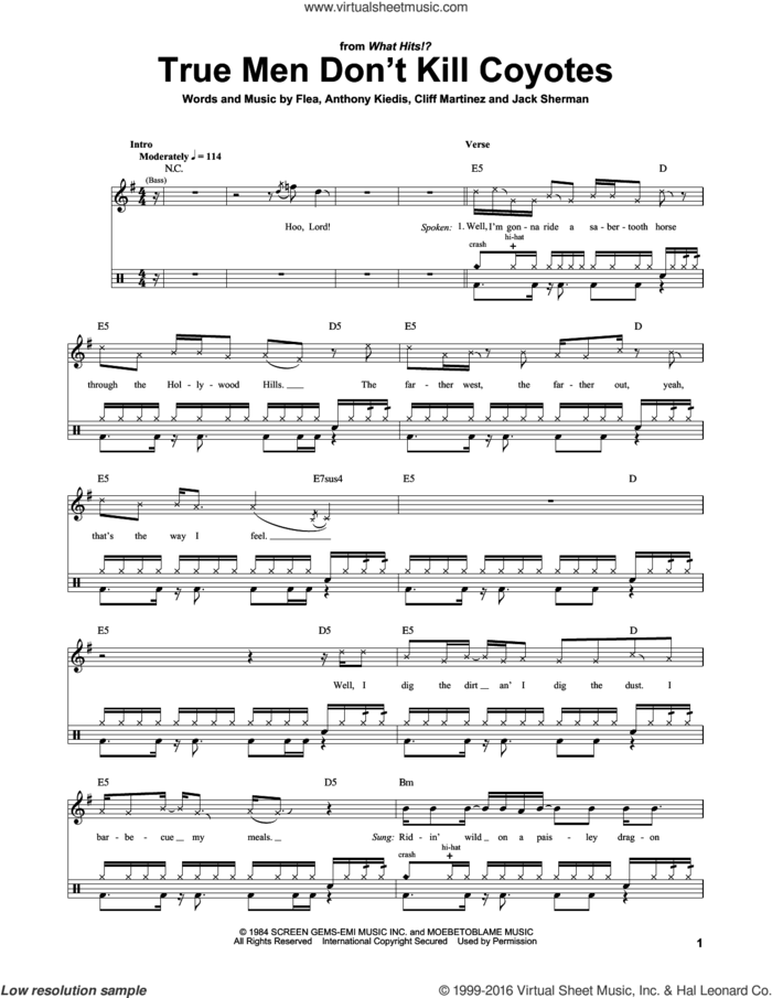 True Men Don't Kill Coyotes sheet music for drums by Red Hot Chili Peppers, Anthony Kiedis, Cliff Martinez, Flea and Jack Sherman, intermediate skill level