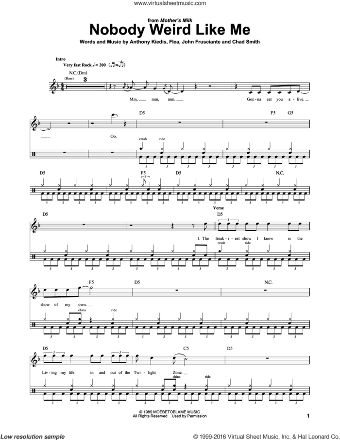 Nobody Weird Like Me sheet music for drums by Red Hot Chili Peppers, Anthony Kiedis, Chad Smith, Flea and John Frusciante, intermediate skill level