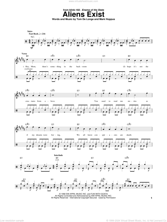 Aliens Exist sheet music for drums by Blink 182, Mark Hoppus, Tom DeLonge and Travis Barker, intermediate skill level