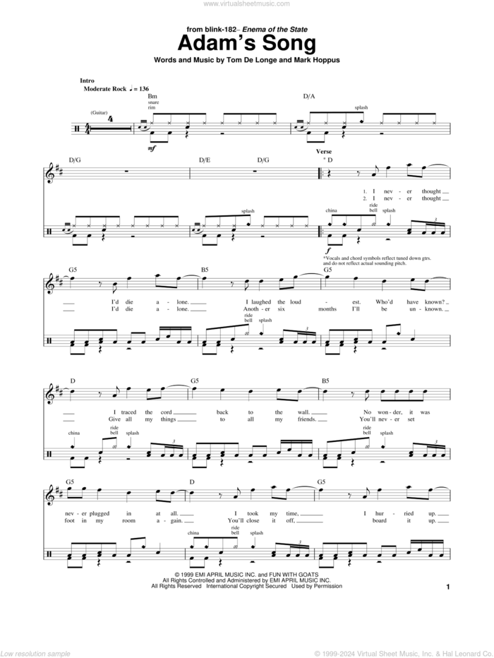 Adam's Song sheet music for drums by Blink 182, Mark Hoppus and Tom DeLonge, intermediate skill level