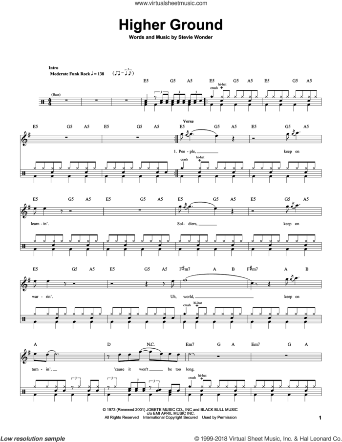 Higher Ground sheet music for drums by Red Hot Chili Peppers and Stevie Wonder, intermediate skill level