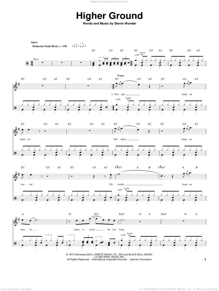 Higher Ground sheet music for drums by Red Hot Chili Peppers and Stevie Wonder, intermediate skill level