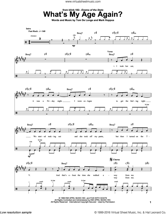 What's My Age Again? sheet music for drums by Blink 182, Mark Hoppus and Tom DeLonge, intermediate skill level