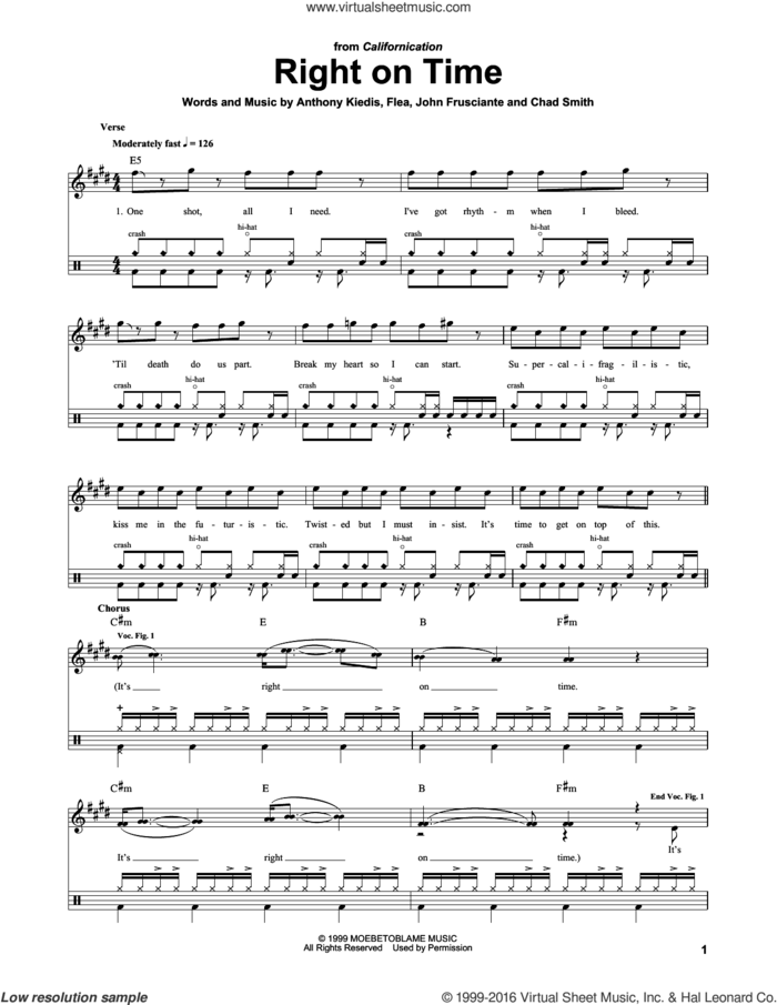 Right On Time sheet music for drums by Red Hot Chili Peppers, Anthony Kiedis, Chad Smith, Flea and John Frusciante, intermediate skill level