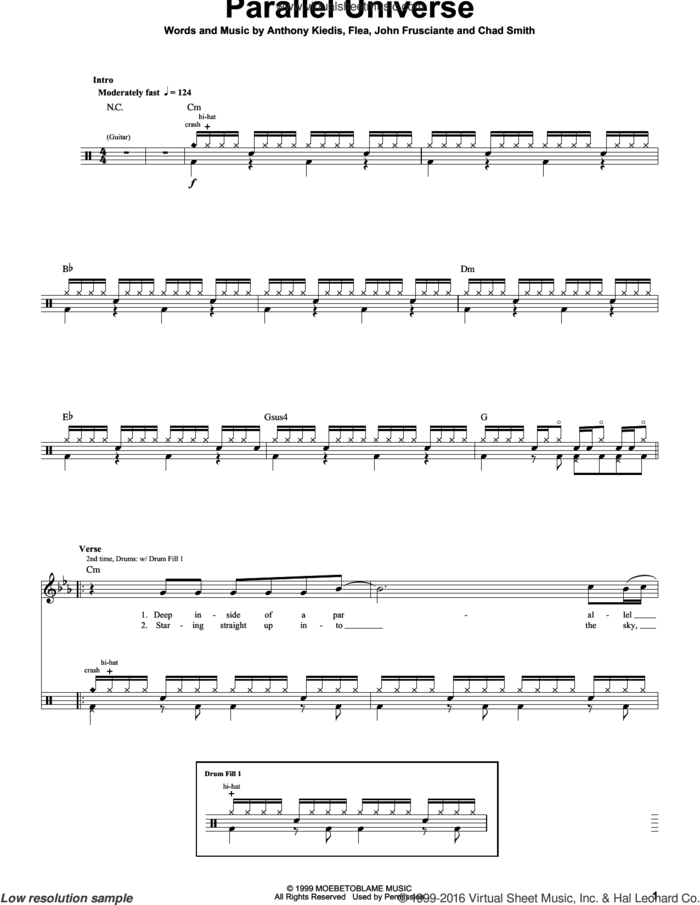 Parallel Universe sheet music for drums by Red Hot Chili Peppers, Anthony Kiedis, Chad Smith, Flea and John Frusciante, intermediate skill level