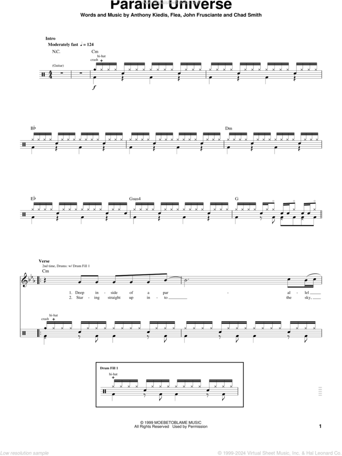 Parallel Universe sheet music for drums by Red Hot Chili Peppers, Anthony Kiedis, Chad Smith, Flea and John Frusciante, intermediate skill level