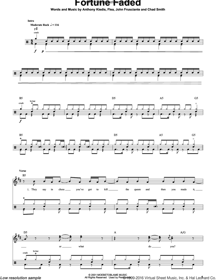 Fortune Faded sheet music for drums by Red Hot Chili Peppers, Anthony Kiedis, Chad Smith, Flea and John Frusciante, intermediate skill level