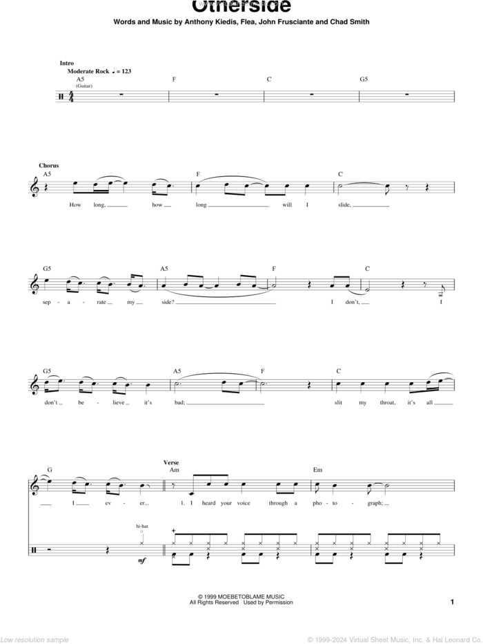 Otherside sheet music for drums by Red Hot Chili Peppers, Anthony Kiedis, Chad Smith, Flea and John Frusciante, intermediate skill level