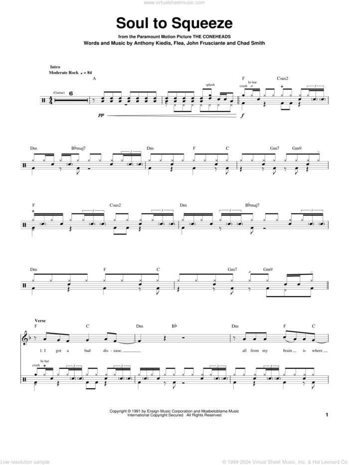 Soul To Squeeze sheet music for drums by Red Hot Chili Peppers, Anthony Kiedis, Chad Smith, Flea and John Frusciante, intermediate skill level