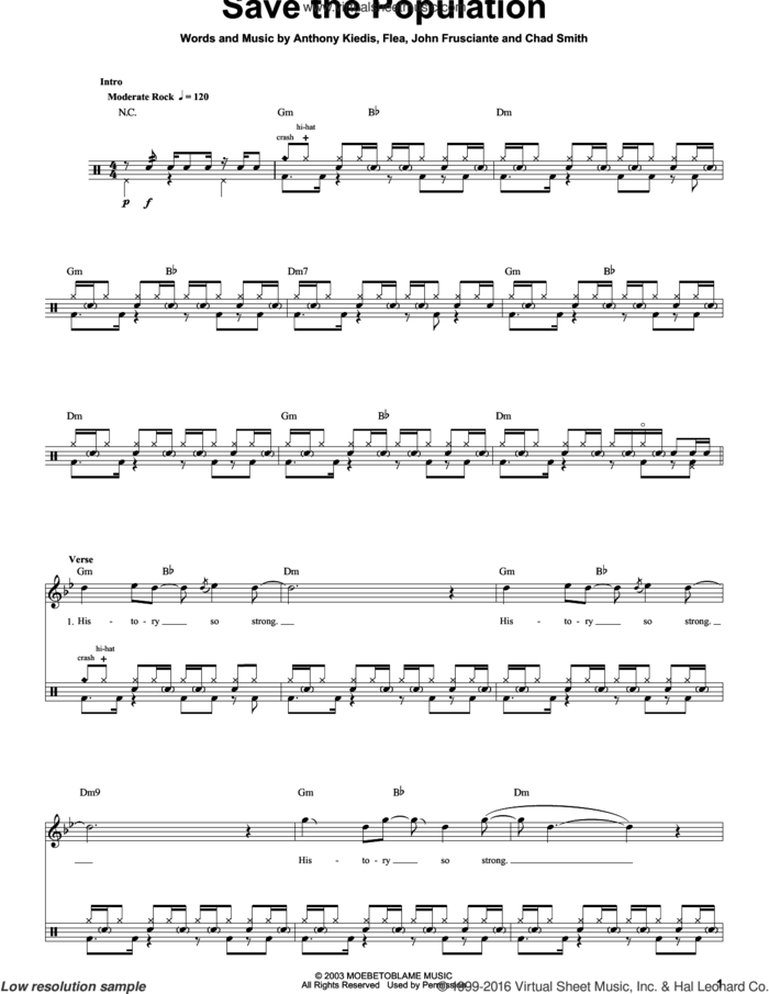 Save The Population sheet music for drums by Red Hot Chili Peppers, Anthony Kiedis, Chad Smith, Flea and John Frusciante, intermediate skill level