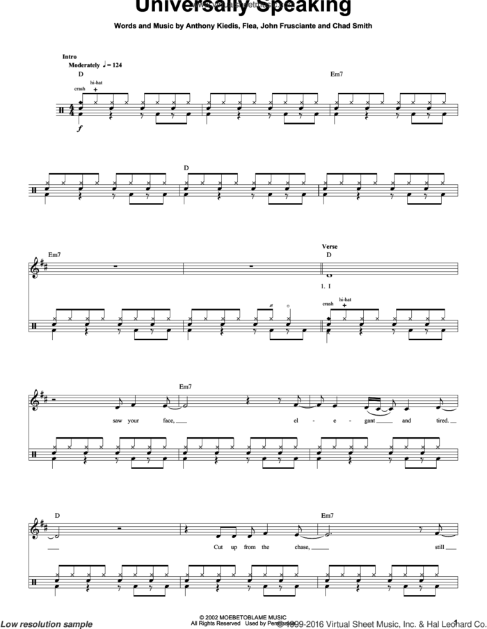 Universally Speaking sheet music for drums by Red Hot Chili Peppers, Anthony Kiedis, Chad Smith, Flea and John Frusciante, intermediate skill level