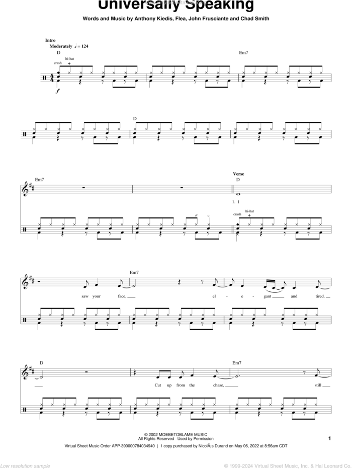 Universally Speaking sheet music for drums by Red Hot Chili Peppers, Anthony Kiedis, Chad Smith, Flea and John Frusciante, intermediate skill level