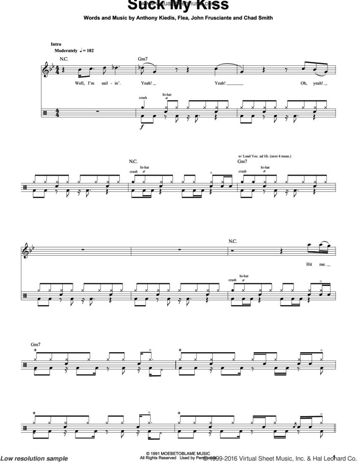Suck My Kiss sheet music for drums by Red Hot Chili Peppers, Anthony Kiedis, Chad Smith, Flea and John Frusciante, intermediate skill level